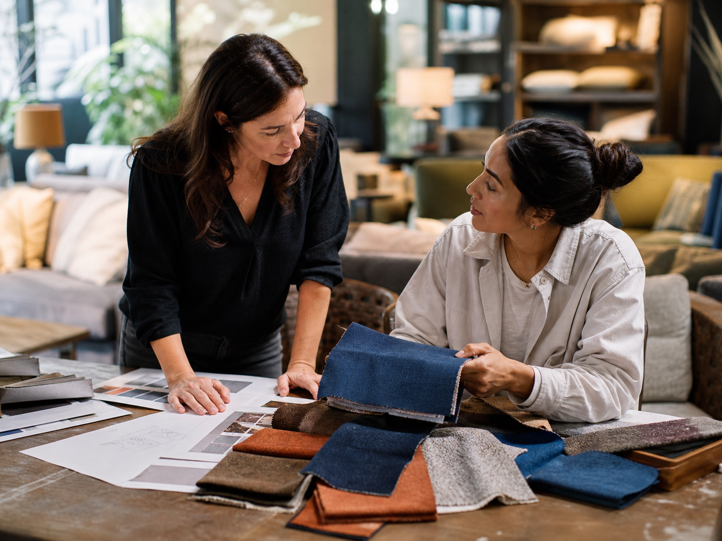 Two buyers comparing material samples in a furniture showroom.