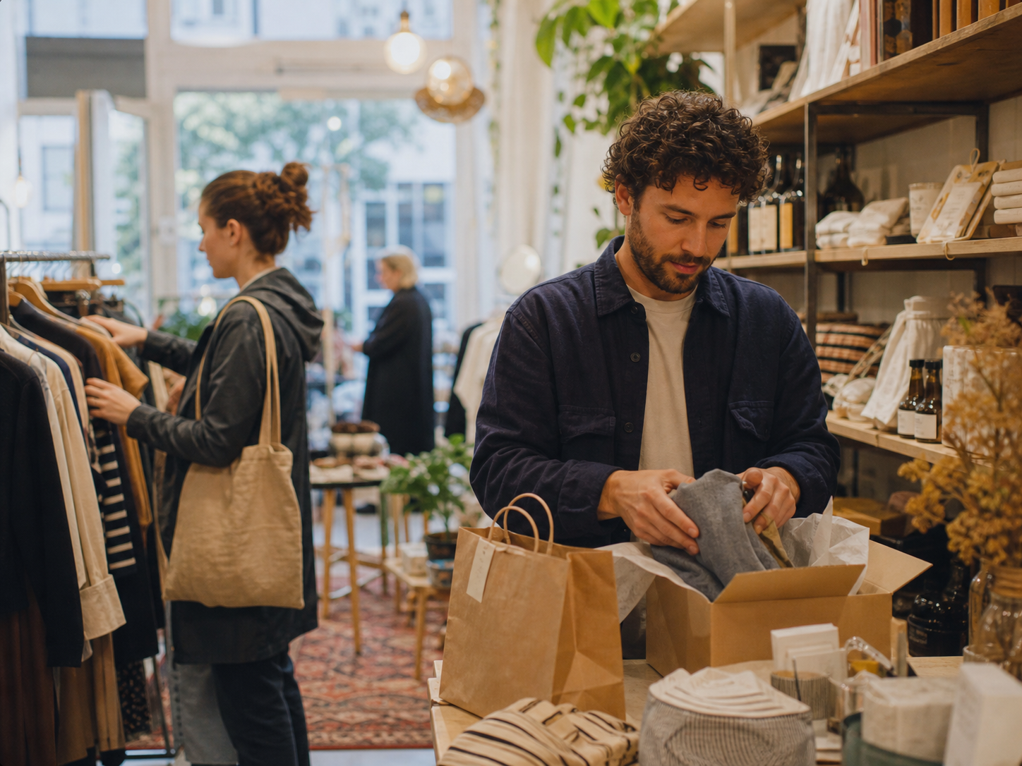 A shop employee packing an order while a customer browses clothing.
